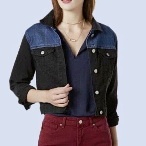 Roebuck & Co. black and blue Color-block crop jean jacket - Picture 1 of 9